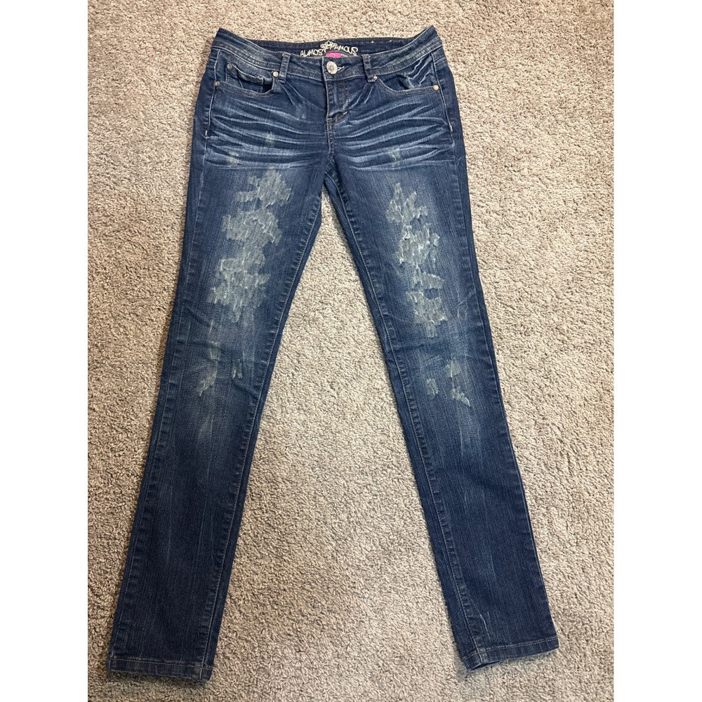 Y2K Almost Famous Skinny Jeans Dark Wash Distressed Patchwork Low Rise Womens 7